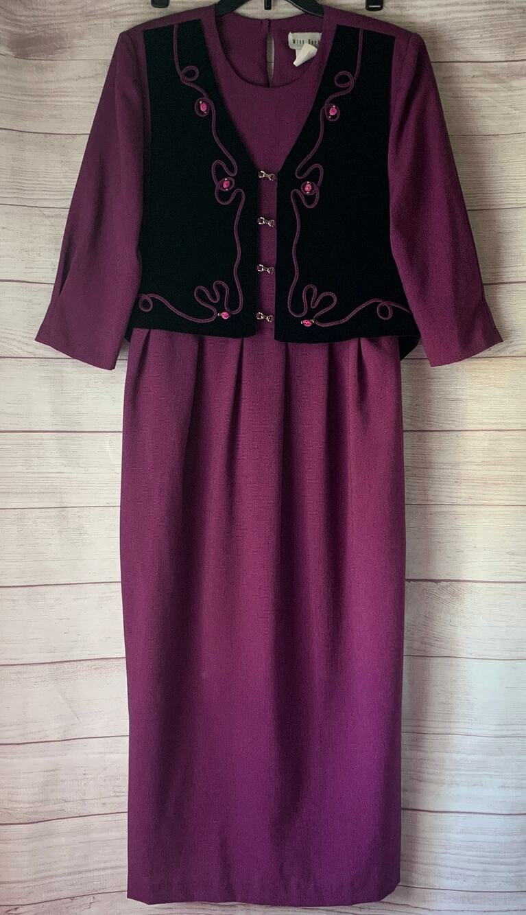 Vintage Miss Dorby Purple and Black Dress with Front Vest and Tie Back Size 14